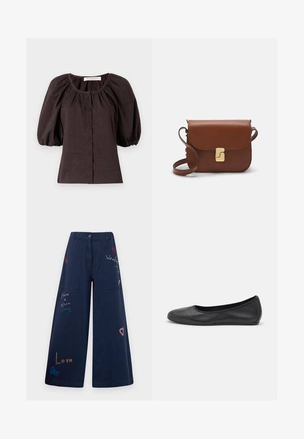 Temno rjava bluza s napihnjenimi rokavi, okroglo izrezano in s šestimi gumbi spredaj. Narejena iz lahkega materiala z teksturiranim finišom.; Temno modre široke hlače iz bombaža z več žepi. Imajo barvno vezeno besedilo in grafike, vključno s srčki in igrivimi frazami.; Črne usnjene balerinke z zaobljenim nosom, gladko teksturo, minimalnimi šivi in fleksibilno zasnovo podplata.; Rjava usnjena torbica s poklopcem, zlato obarvani okovi, naramnica in gladka tekstura. Kompaktna pravokotna oblika.