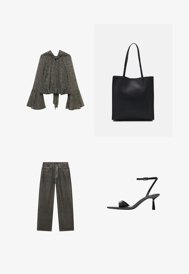 Black and white floral blouse with a high neck, flared sleeves, and a tie at the waist, made from lightweight fabric.; Dark gray wide-leg jeans made of denim, featuring a classic five-pocket design, sturdy stitching, and a zip fly with a button closure.; Bershka High heeled sandals - black; Black leather tote bag with smooth texture, rectangular shape, and two long handles. No visible hardware or embellishments.