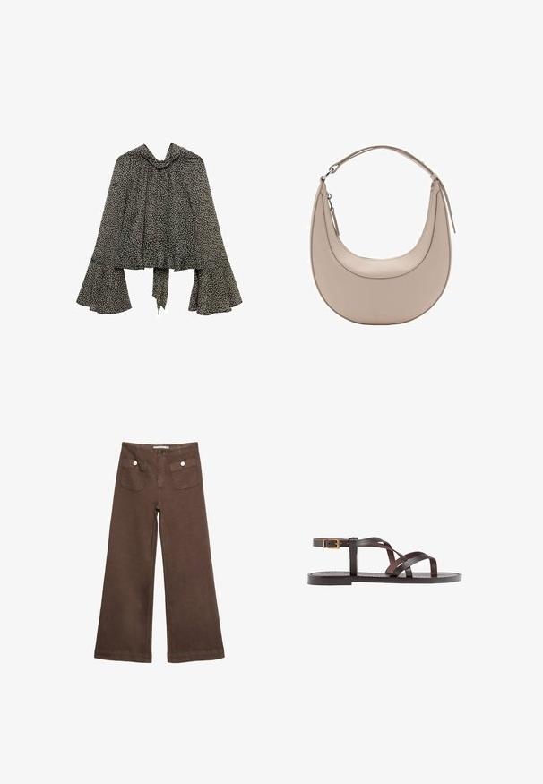 Zwart-witte bloemenblouse met een hoge hals, uitlopende mouwen en een strik in de taille, gemaakt van lichte stof.; Bruine wijde broek van katoen, met twee voorzakken met zilveren knopen en een gladde textuur.; Bruine leren sandaal met kruisingen van banden, een enkelgesp-sluiting en een platte zool met minimale stikdetails.; Beige leren schoudertas met een halve maanvorm, een soepele textuur en een enkele gebogen handgreep. Voorzien van een ritssluiting en nette stiksels.