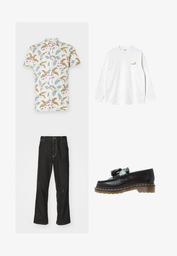 Chemise à manches courtes en coton beige clair, dotée d'un motif floral tropical avec des accents roses et bleus, et d'une fermeture à boutons sur le devant.; T-shirt en coton blanc à manches longues avec un col rond, arborant un petit logo jaune et bordeaux sur la poitrine gauche. Poignets et ourlet sans coutures.; Jean en denim noir avec une coupe ample, comportant des coutures blanches contrastantes, une fermeture à bouton et un design à jambes droites.; Mocassins en cuir noir avec une finition texturée, ornés d'un pompon décoratif et de coutures jaunes contrastantes, sur une semelle épaisse et transparente.