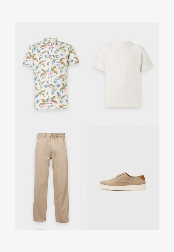Chemise à manches courtes en coton beige clair, dotée d'un motif floral tropical avec des accents roses et bleus, et d'une fermeture à boutons sur le devant.; T-shirt blanc à manches courtes en texture côtelée. Encolure ronde, coupe décontractée, sans motifs ni accents visibles. Design simple et polyvalent.; Jeans en denim beige avec une coupe droite, dotés de poches avant, d'une fermeture à bouton en métal et d'une texture subtile.; Baskets en daim beige avec un embout arrondi, un laçage sur le devant et un accent texturé à l'arrière. La semelle en caoutchouc blanche offre un contraste. Design simple et moderne.
