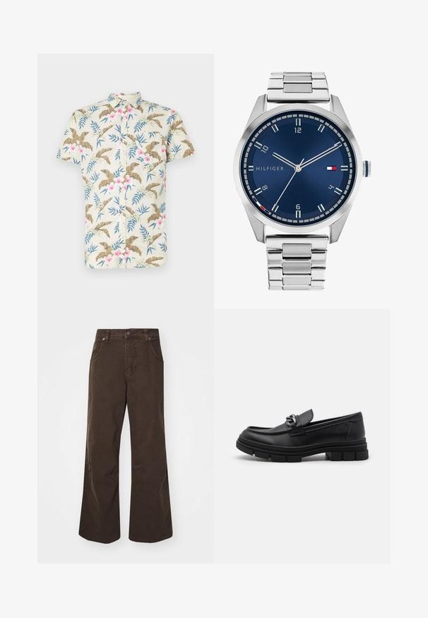 Krátka košeľa s krátkym rukávom v svetlej béžovej bavne, s tropickým kvetinovým vzorom s ružovými a modrými akcentmi a zapínaním na gombíky.; Hnedé nohavice s širokými nohavicami vyrobené z bavlny, s vysokým pásom, prednými vreckami a hladkou textúrou. Dokončenie obsahuje jemné detaily prešitia.; Čierne kožené mokasíny s okrúhlym špičkou, dekoračným pásikom a kovovými prvkami, a robustnou textúrovanou podrážkou. Hladký povrch s jemnými detailami.; Strieborné kovové hodinky s brúseným modrým ciferníkom, bielymi indexmi a zobrazením dátumu. Majú prepojený kovový remienok a logo značky.
