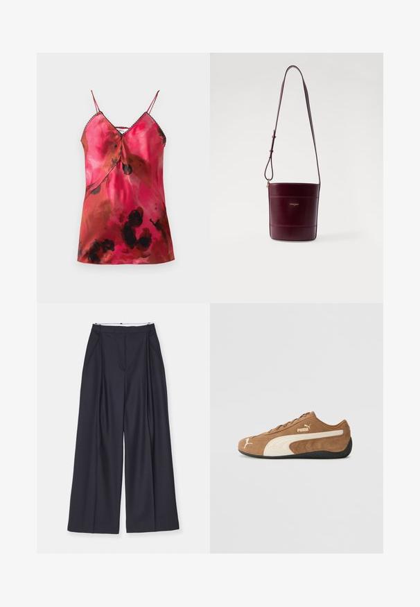 Satin cami-top met een diepe V-hals, dunne verstelbare bandjes en een roze en bruine aquarelpatroon met zwarte accenten langs de halslijn.; Victoria Beckham WIDE LEG TROUSER - Broek - midnight; Bruine suède low-top sneakers met crèmekleurige accenten, een gestructureerd oppervlak, een zwarte rubberen zool en een geborduurd logo aan de zijkant en op de tong.; Claudie Pierlot Schoudertas - bordeaux