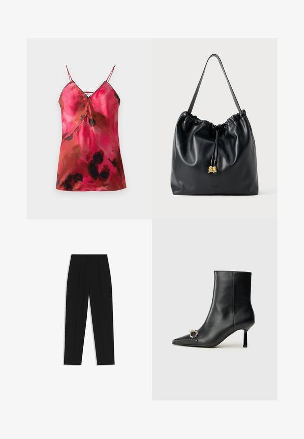 Satin cami top featuring a deep V-neck, thin adjustable straps, and a pink and brown watercolor pattern with black accents along the neckline.; Black trousers with a straight fit, featuring double pleats, a smooth texture, and a classic waistband design. No visible hardware or accents.; Black leather ankle boot with pointed toe, slim mid-height heel, and silver buckle detail on side against plain background.; Black leather drawstring bag with a smooth texture, gathered top, and subtle gold hardware. Features a single sturdy strap and embossed logo.