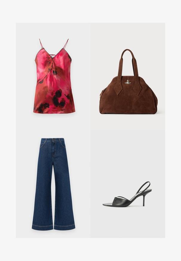 Szatén cami felső, mély V-nyakkivágással, vékony, állítható pántokkal, rózsaszín és barna vízfesték mintával, fekete díszítéssel a nyakkivágás mentén.; Magas derekú, széles lábú kék farmernadrág, gombos záródással, övhurkokkal és diszkrét varrási részletekkel a zsebeknél és a szegélyeknél.; Fekete bőr, hátsó pántos, hegyes orrú magassarkú cipők vékony bokapánttal és stiletto sarkukkal. Az orrban csomózott részlet található.; Barna velúr kézi táska, strukturált formával, kerek testtel és megnyújtott gyémánt alakú fogantyúkkal. Ezüst színű záródással rendelkezik.