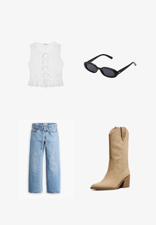 Weiße ärmellose Bluse aus strukturiertem Stoff. Verfügt über einen runden Ausschnitt und ein vornes Schnürdetail mit lockeren Bändern. Rüschensaum.; Hellblaue Jeans im weiten Schnitt mit hoher Taille, Knopf- und Reißverschluss sowie einer Kordelzugdetails an der Taille. Roh geschnittener Saum.; Bershka HIGH-HEEL - Cowboy-/Bikerboot - beige; Schwarze, oversized Sonnenbrillen mit ovalen Gläsern, glattem Kunststoffrahmen und goldenen Akzenten an den Bügeln. Die dunklen Gläser bieten Sonnenschutz.; Dunkelblaue Ledertasche mit glatter Textur, schlankem Design und einem geschwungenen Schultergurt. Verfügt über ein metallisches Logo-Detail auf der Vorderseite.