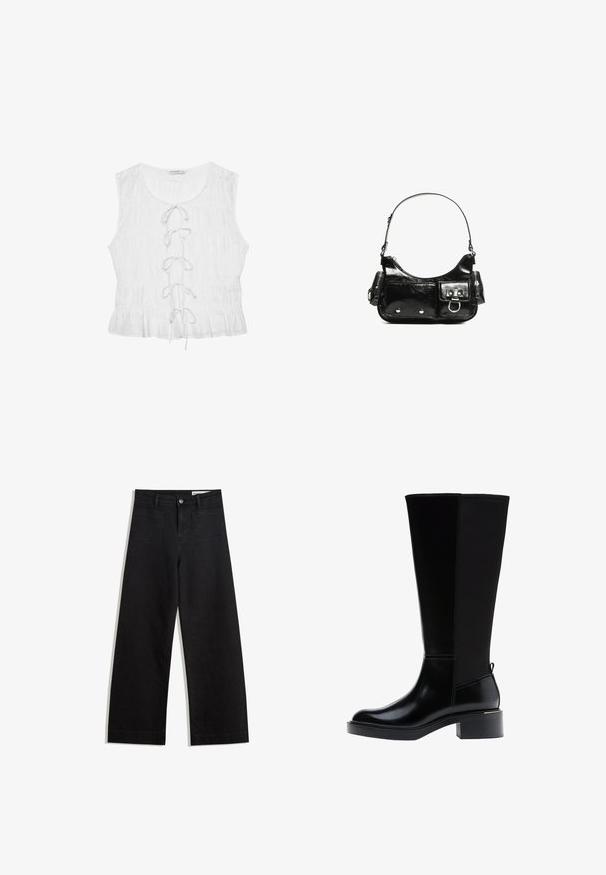 Weiße ärmellose Bluse aus strukturiertem Stoff. Verfügt über einen runden Ausschnitt und ein vornes Schnürdetail mit lockeren Bändern. Rüschensaum.; Schwarze weit geschnittene Jeans mit hoher Taille, ausgestattet mit Vorder- und Hintertaschen, gesteppten Nähten und einem Knopfverschluss. Glatte Textur.; Knöchelhohe schwarze Lederstiefel mit glanzender Oberfläche, quadratischer Spitze, Blockabsatz und einer Seitennaht. Verfügt über eine Zuglasche hinten.; Schwarze Lackleder-Handtasche mit geschwungenem Design, einem Schulterriemen, Vordertaschen und silberfarbenen Hardware-Akzenten.
