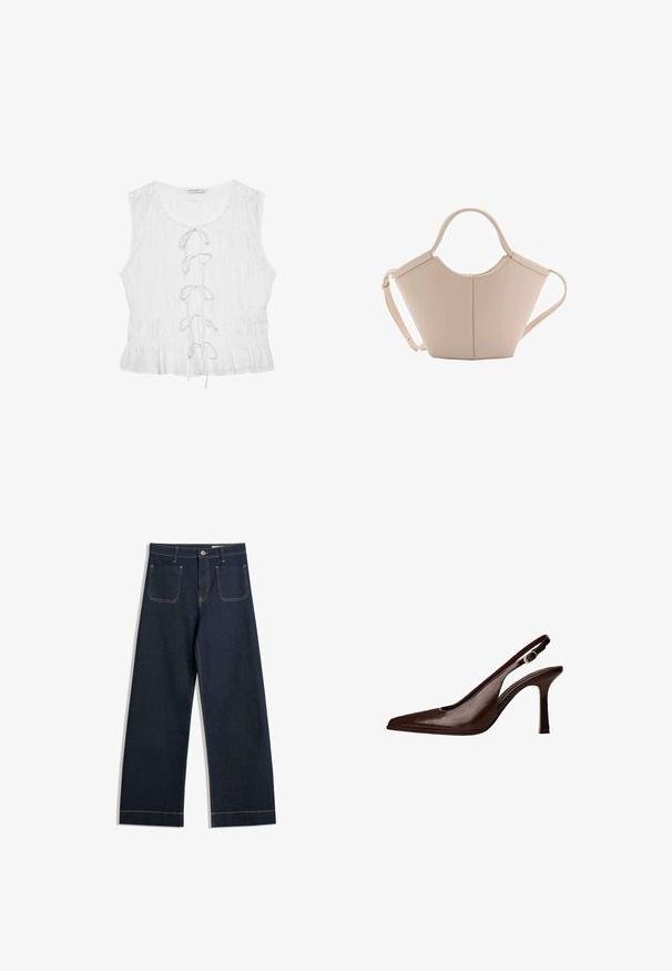 Weiße ärmellose Bluse aus strukturiertem Stoff. Verfügt über einen runden Ausschnitt und ein vornes Schnürdetail mit lockeren Bändern. Rüschensaum.; Dunkelblaue weite Jeans aus Denim mit kontrastierendem hellbraunem Nähen, zwei Gesäßtaschen und einem Knopfverschluss an der Taille.; Braune Leder-Slingback-Pumps mit spitzer Zehenform und dünnem Absatz. Sie verfügen über eine kleine Akzent-Schnalle am Riemen und eine glänzende Oberfläche.; Beige Lederhandtasche mit einer einzigartigen Form, die zwei kurze Henkel und einen langen verstellbaren Riemen aufweist. Glatte Textur mit minimalen Hardware-Elementen.