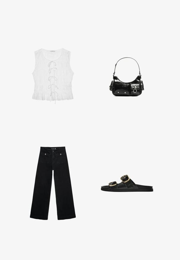 Valkoinen hihaton toppi, jossa on teksturoitu kangas. Siinä on avara kaula-aukko ja edessä nauhoitus, jonka siteet ovat löysät. Rypytetty helma.; Mustat leveälahkeiset farkut korkean vyötärön kanssa, joissa on kaksi etutaskua ja metalliset nappikoristeet. Kangas on sileä.; Musta liukusandaali, jossa on kaksi kultaisesta solkesta tehtyä korostusta, sileäpintainen materiaali, litteä pohja ja minimalistinen muotoilu.; Mustekko mustasta kiiltonahasta valmistettu käsilaukku, jossa on kaareva muoto, yksi olkahihna, etutaskut ja hopeanväriset yksityiskohdat.