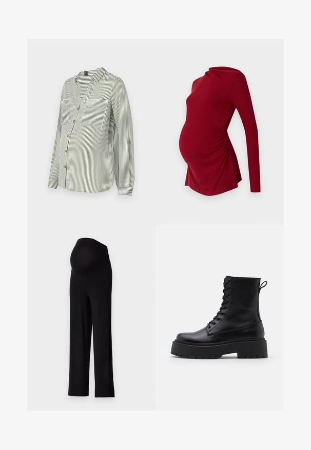 Zielona i biała w paski koszula z guzikami, z dekoltem w serek, dwoma kieszeniami na piersi i podwiniętymi rękawami z złotymi guzikami. Lekki materiał.; Długi rękaw, czerwony top ciążowy o prążkowanej teksturze, z falbaniastym dekoltem i bocznymi marszczeniami, które dostosowują się do rosnącego brzuszka.; Czarne spodnie ciążowe z elastycznym, dopasowanym pasem i szerokimi nogawkami. Wykonane z miękkiego materiału, zapewniają wygodę i wsparcie.; Czarne skórzane botki za kostkę z okrągłym noskiem, sznurówką z przodu i grubą gumową podeszwą z teksturowanym bieżnikiem. Pętelka do zakładania z tyłu.