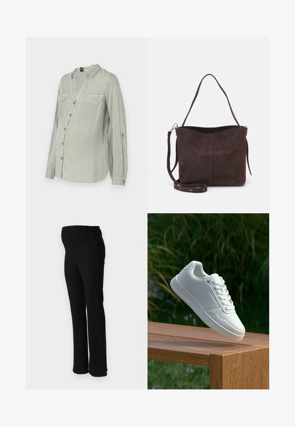 Grön och vit randig skjorta med knappar, v-ringning, två bröstfickor och uppvikta ärmar med gyllene knappar. Lättviktigt material.; ONLY MATERNITY OLMHALLE - Tygbyxor - black; Vita sneakers med en slät syntetisk ovandel, perforerat tåparti, platta snören och en strukturerad sula, placerade på en träyta.; Brun mockakläd väska med en mjuk textur, med en ensam axelrem och en subtilt rundad öppning upptill. Inga synliga detaljer i metall.
