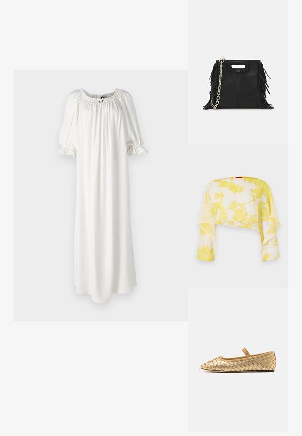 Átlátszó, rövidített felső sárga virágmintával. Könnyű, lebegő anyag, hosszú ujjakkal. Puha tapintás és laza esés.; Fehér, lágy anyagból készült, bő sziluettű ruha, smockolt nyakkivágással és puffos ujjal, elöl egy diszkrét nyakkendő részlettel.; Loeffler Randall LEONIE SOFT BALLET FLAT - Bokapántos balerina cipők - gold; Fekete bőr kézitáska, frufrus részletekkel, arany láncos vállpánttal és kivágott fogantyúval. Az elülső részen logó található.