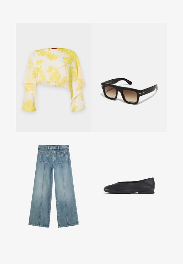 Průsvitný zkrácený top s žlutým květinovým potiskem. Lehký, splývavý materiál s dlouhými rukávy. Jemná textura a uvolněný střih.; Světle modré volné džíny z denimu s vysokým pasem, dvěma zadními kapsami a předními sklady pro strukturovaný detail.; Černé kožené ploché boty s kulatou špičkou a nízkým podpatkem, navržené pro neformální i formální nošení.; Kočičí sluneční brýle s čtvercovým rámem, gradientní hnědé čočky a diskrétní zlaté detaily na spáncích.; DRAGON DIFFUSION SANTA CROCE BIG - Kabelka - dark brown