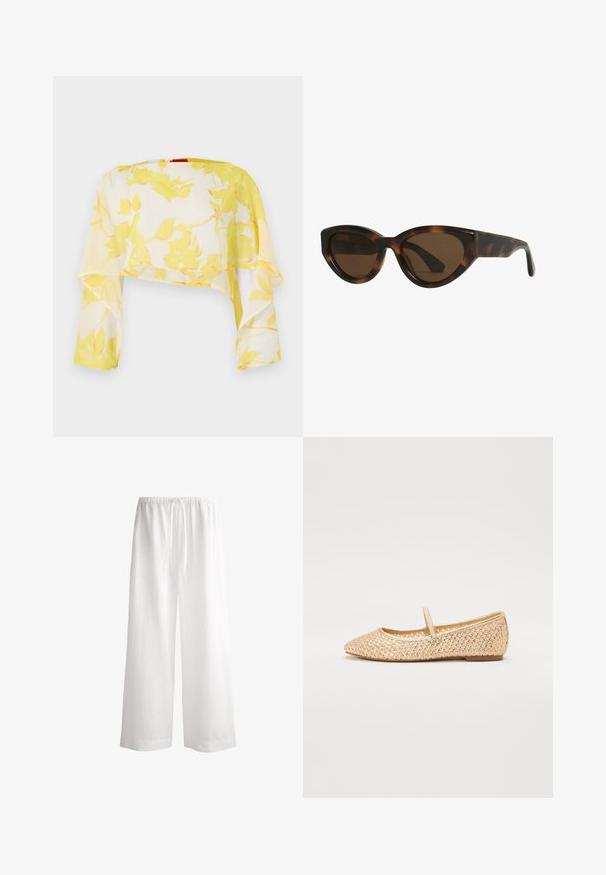 Sheer cropped top in yellow floral print. Lightweight, flowing material with long sleeves. Soft texture and relaxed drape.; White linen wide-leg pants with an elastic waistband, drawstring, and a loose, flowing design, featuring clean edges and no visible patterns.; Gold woven ballet flats with a pointed toe, flat sole, and a strap across the instep. Features textured patterns on the upper material.; Tortoiseshell cat-eye sunglasses with brown lenses, featuring smooth, glossy plastic frames and a sleek design. No visible logos or accents.; White handbag with textured, scalloped shell-like embellishments. Features a woven handle and a silver chain strap for versatility.