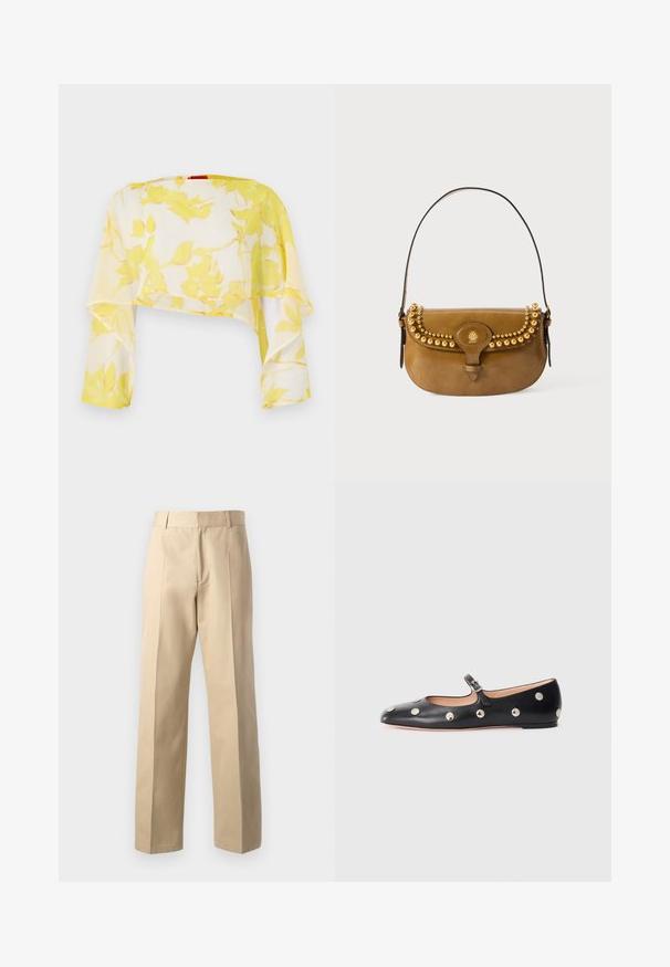 Top corto transparente en estampado floral amarillo. Material ligero y fluido con mangas largas. Textura suave y caída relajada.; Pantalones beige ajustados con un diseño de pierna recta, que presentan una textura suave, pliegues centrales en la parte delantera y una cinturilla clásica.; Zapato plano tipo Mary Jane de cuero negro con punta redonda, adornado con tachuelas circulares plateadas y una correa ajustable con hebilla.; Bolso de mano de cuero marrón con forma curvada, que presenta acentos de tachuelas doradas en la parte superior, una asa corta y un cierre de hebilla.