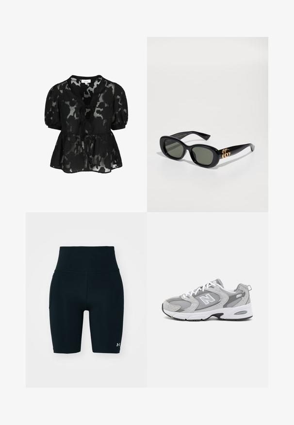 Must mustriga bluus lillemustriga, puhvis lühikesed varrukad, sidumisega kaelus ja peplumi äärega. Kerge tekstuuriga kangas.; Roosa spordijaks, millel on must krae, "URTRN" logo, täppidega gradiendi muster ja "97" trükk rinna peal. Kerge kangas.; Mustad mustad lühikesed püksid, mis on valmistatud venivast kangast, kõrge vöökoht ja küljetaskud. Sile tekstuur, lame õmblus ja logo aktsent.; Hallid hallid spordijalatsid, millel on võrkmaterjalist ja nahast pealisosa, valged siidid ja must vooder. Omab silmapaistvat "N" logo ja pehmendatud krae.; Mustad must plastikprillid roheliste läätsedega, millel on ovaalne kuju ja kuldne logo detail tempelitel. Sile tekstuur ja läikiv viimistlus.; Must musta rihma kott, millel on reguleeritav rihm ja silmapaistev valge logo. Kandmine helesinise T-särgi peal. Lihtne ja funktsionaalne disain.; Hõbedane abstraktne sõrmus vedela, ebaühtlase kuju ja lõikeelementidega, mis rõhutab poleeritud, peegeldavat pinda.