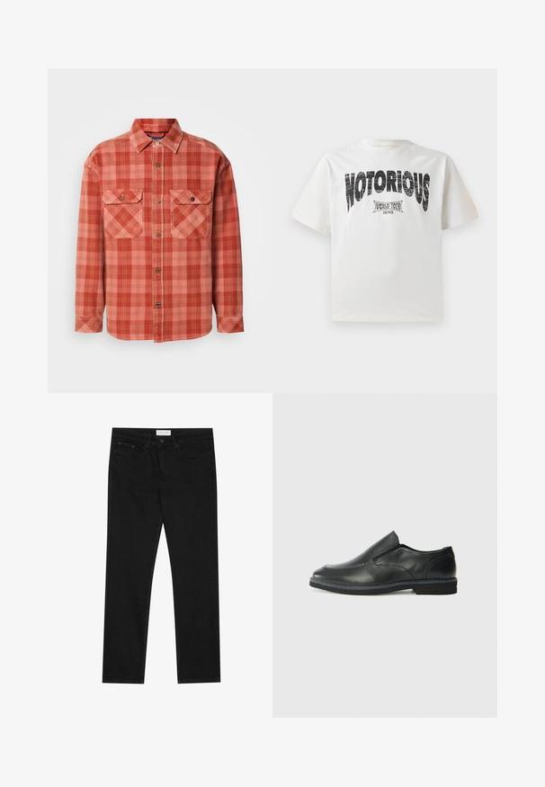 Red and pink checkered flannel shirt with long sleeves, buttoned collar, two chest pockets, and contrasting button details.; White cotton t-shirt with short sleeves, featuring bold black "NOTORIOUS" graphic text and "WORLD TOUR 1990" design below in distressed print.; Black straight-leg jeans with five-pocket design, button and zip fly closure, and a Pier One brand label on the waistband.; Black leather slip-on shoe with a smooth upper, stitched accents, rounded toe, and a low rubber heel. Sole features minimal tread.