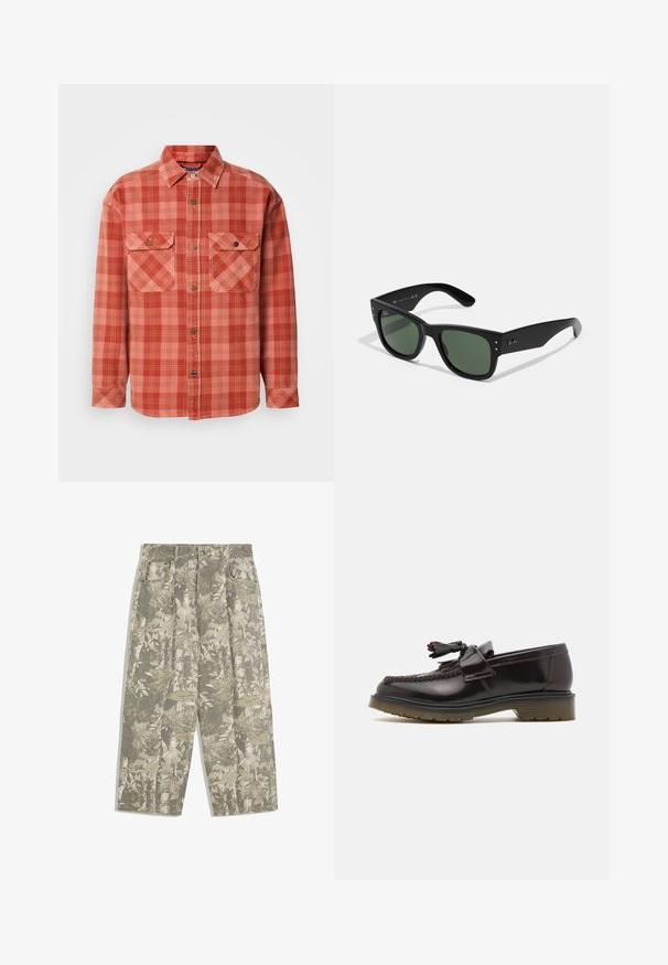 Chemise en flanelle à carreaux rouges et roses avec des manches longues, un col boutonné, deux poches poitrine et des détails de boutons contrastés.; Pantalons cargo avec des jambes larges dans un motif camouflage vert et beige de feuilles et d'écorce, dotés de poches avant et de passants de ceinture.; Mocassins en cuir marron avec un design tressé, détail de frange et une semelle en caoutchouc plate. Dotés d'une finition lisse et de coutures contrastées.; Lunettes de soleil rectangulaires noires avec verres verts, finition mate, accents matériels subtils et logo en relief sur la branche.; Sac fourre-tout vert olive avec double poignée et une bandoulière réglable. Il dispose d'un compartiment principal zippé et d'une poche zippée à l'avant.
