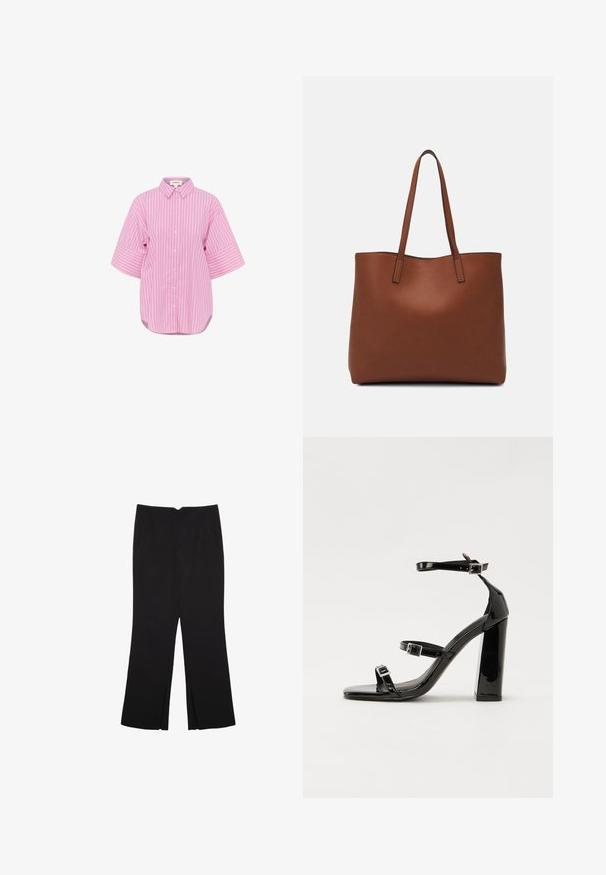 Camicia button-up rosa con righe verticali bianche, maniche corte e ampie, e orlo curvo. Tessuto in cotone, colletto classico e vestibilità rilassata.; Pantaloni neri a gamba dritta, con tasche frontali e spacchi laterali all'orlo. Realizzati in tessuto morbido e liscio. Adatti a diverse occasioni.; Sandali con tacco in vernice nera, con punta squadrata, cinturini alla caviglia e fibbie in argento. Presentano un tacco a blocco spesso per maggiore stabilità.; Borsa tote in pelle marrone con texture liscia, design con apertura superiore e due spallacci. Presenta cuciture minime e nessun hardware visibile.