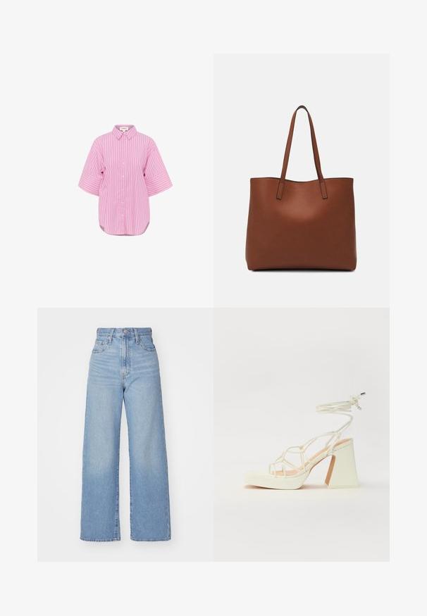 Pink button-up shirt with white vertical stripes, short wide sleeves, and a curved hem. Cotton fabric, classic collar, and relaxed fit.; Light blue high-waist wide-leg jeans with front button and zip closure, front and back pockets, on a white background.; White high-heeled sandal with a chunky heel, featuring a strappy design and ankle tie. Smooth texture with a platform front for added height.; Brown leather tote bag with a smooth texture, open top design, and two shoulder straps. Features minimal stitching and no visible hardware.