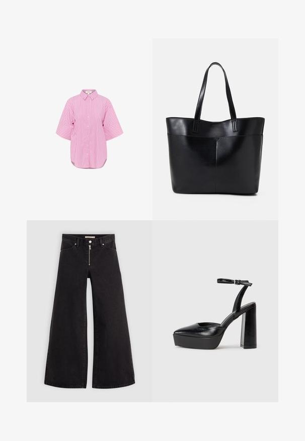 Ružová košeľa na gombíky s bielymi vertikálnymi pruhmi, krátke široké rukávy a zakrivený spodný lem. Bavlnená tkanina, klasický golier a voľný strih.; Dlhé nohavice vo voľnom strihu z čierneho denimu so zipsom vpredu, päť vrecúškovým dizajnom a jemnými stehovými detailmi. Hladká textúra a neformálny štýl.; Čierne platformové podpätky so špicatou špičkou a nastaviteľným členkovým remienkom. Vyrobené z hladkej kože a so robustným blokovým podpätkom.; Čierna kožená tote taška s dvoma dlhými rúčkami, hladkým povrchom a štruktúrovaným tvarom. Obsahuje prednú kapsu pre dodatočné uskladnenie.