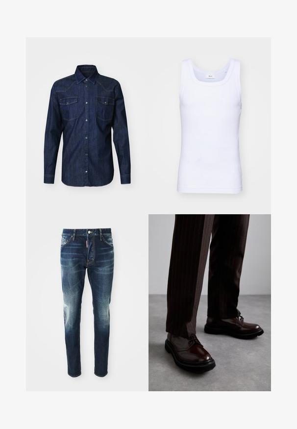 Dondup WESTERN SLIM FIT - Camicia - blue; Canottiera bianca in cotone senza maniche con scollatura rotonda, caratterizzata da una texture liscia e una vestibilità aderente, progettata per l'abbigliamento casual.; Jeans in denim blu scuro con una vestibilità slim, con zone sbiadite sulle cosce e sulle ginocchia, cinque tasche e chiusura con bottone metallico.; Scarpe stringate in pelle marrone con finitura lucida, suola in gomma nera e cuciture sottili. Indossate con pantaloni marroni a righe.