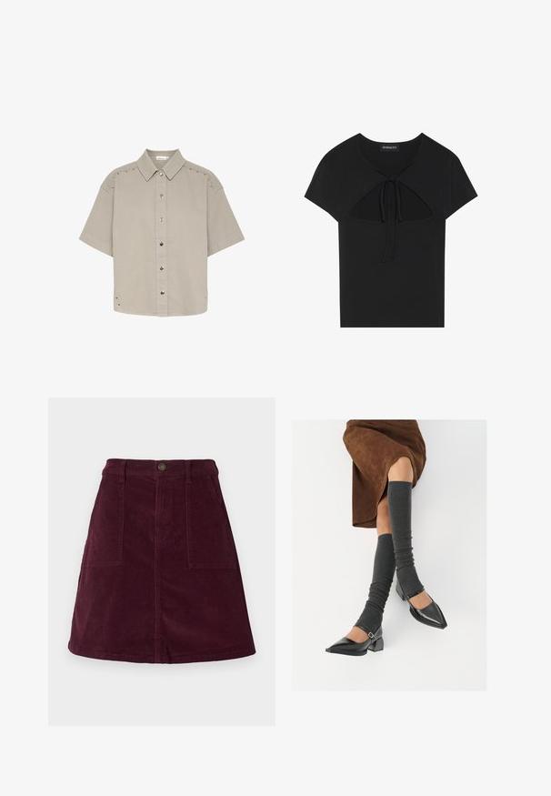 Chemise à manches courtes, gris clair, en tissu texturé, avec des boutons-pression et des accents en clous le long des épaules et des côtés.; Top noir à manches courtes avec un col rond, présentant un détail découpé et une fermeture à nouer à l'avant. Fabriqué en tissu doux et léger.; Jupe trapèze en velours côtelé bordeaux avec deux poches avant, une fermeture par bouton à la taille et une surface texturée.; Chaussures à bout pointu en cuir verni noir avec un talon bloc et une bride à la cheville, accompagnées de jambières en maille grise et d'une jupe en daim marron.