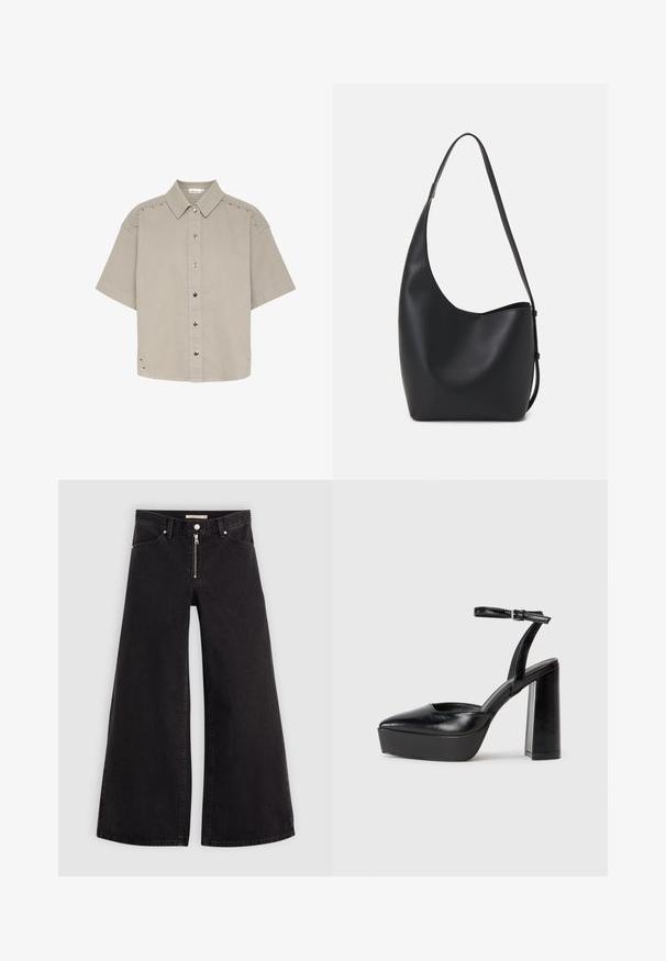 Lühikeste varrukatega, helesinine nööbiga särk tekstuurses kangas, millel on nupud ja nupukesed õlgadel ja külgedel.; Laiad teksad mustast denimist, millel on lukuga eesmine osa, viie taskuga disain ja peened õmblusdetailid. Sile tekstuur ja juhuslik stiil.; Mustad platvormi kontsad terava ninaga ja reguleeritava pahkluuraamiga. Valmistatud siledast nahast, funktsioneerib massiivse plokknäheeliga.; Mustast nahast hobo kott, millel on sile tekstuur, kumer kuju ja üks reguleeritav rihm; peal on lai avaus.