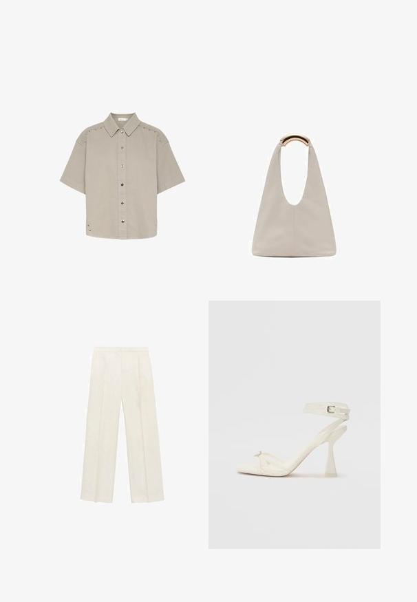 Short-sleeve, light gray button-up shirt in textured fabric, featuring snaps and stud accents along the shoulders and sides.; Wide-legged trousers in a light cream color. Made from a smooth fabric with pleats at the front and side pockets.; Strappy high-heeled sandal in white leather with a sleek design, a transparent block heel, and a decorative element at the toe.; Light gray leather bag with a U-shaped design and a curved metallic handle. Smooth texture with minimal stitching and no visible patterns.
