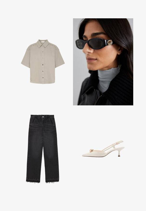 Kortärmad, ljusgrå knapp-up skjorta i texturerad tyg, med tryckknappar och nitar längs axlarna och sidorna.; Svarta jeanstroser med rak bendesign. Har hög midja, fransad fåll och en subtil urblekt textur genomgående. Framfickor ingår.; Krämfärgad slingback-sko med spetsig tå, tunna remmar och en guldaccent på framdelen. Har en låg, smal klack.; Svarta solglasögon med en elegant rektangulär ram och en guldfärgad logotypaccent på sidan. Mörka linser och en blank yta är framträdande.; Vit läderhandväska med en guldfärgad lås, svarta accenter, en avtagbar axelrem och en strukturerad design med lockstängning.