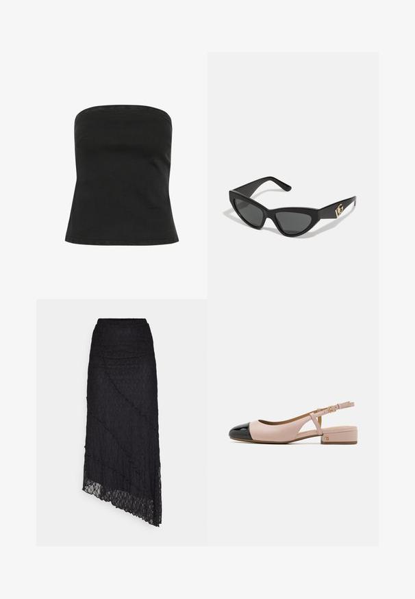Čierny top bez ramienok vyrobený z bavlny, s priliehajúcou korzetovou časťou a rovnou výstrihom a hladkou textúrou. Jednoduchý dizajn bez ozdôb.; Dve bavlnené crop tops v bielej a čiernej farbe. Každý má hlboký výstrih a tenké ramienka, s hladkou, jemnou textúrou.; ONLY ONLKIM LACE SKIRT - Maxisukňa - black; Sandal s elastickým pásikom s jemne ružovým koženým zvrškom a lesklou čiernou špičkou. Obsahuje malý blokový opätok a nastaviteľný členkový remienok.; Slnečné okuliare v tvare mačacích očí s matným čiernym plastovým rámom, tmavými sklami a zlatým logom na bočnej strane. Ostrý dizajn a hladká textúra.