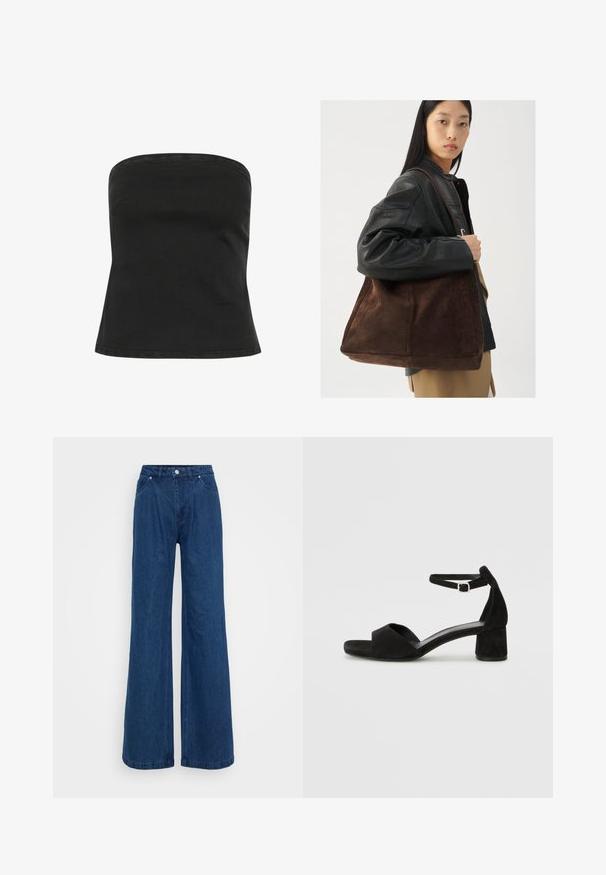 Fekete pánt nélküli pamut felső, amelyhez illeszkedő bodice és egyenes dekoltázs tartozik, sima textúrával. Egyszerű kialakítás, díszítések nélkül.; Magas derekú, széles lábú kék farmernadrág, elülső gomb- és cipzárzárral, valamint elülső és hátsó zsebekkel, sima háttér előtt.; Fekete velúr magassarkú szandál vékony boka pánttal, nyitott orral és szerény blokk sarkával. Simaság és minimalista részletek jellemzik.; Barna velúr válltáska széles formával és puha textúrával, egyetlen pánttal és minimális fémalkatrészekkel egy semleges háttér előtt.