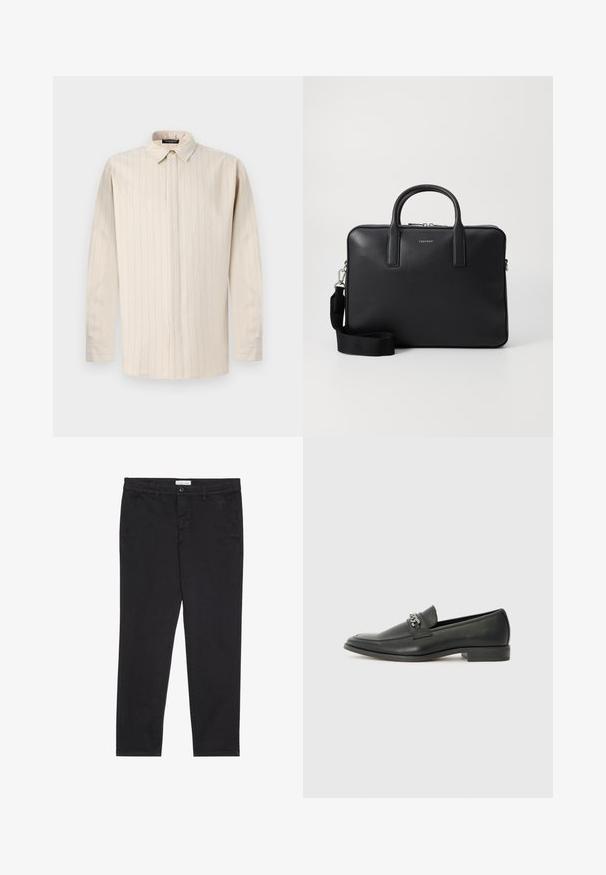 Licht beige overhemd met lange mouwen en knoop kraag, voorzien van verticale streepjes, een rechte snit en manchetten met één knoop.; Zwarte katoenen broeken met een slim fit, voorzien van twee zijzakken en een sluiting met een voorknop. Geweven stof met subtiele.details.; Zwarte leren instapper met een gladde afwerking, voorzien van een gestikt ontwerp en een decoratieve metalen kettingaccent over de wreef. Platte hak.; Zwart leren aktetas met een gestructureerde afwerking, dubbele handgrepen, afneembare schouderriem en een logo-detail aan de voorkant. Ritssluiting.