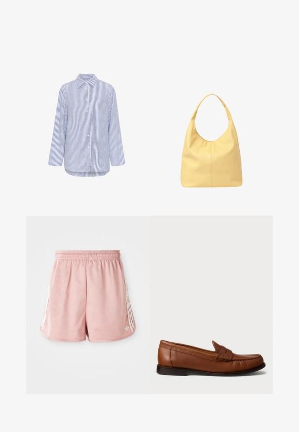 Blue and white striped button-up shirt with a collar, long sleeves, and roll-tab cuffs. Made from a lightweight fabric with a relaxed fit.; Pink athletic shorts with an elastic waistband, side white stripe detailing, and a small logo on the lower left front. Smooth fabric texture.; Polo Ralph Lauren Moccasins - dark brown; Yellow leather hobo bag with a curved handle, soft texture, and subtle seam detailing on the front, offering a spacious design.