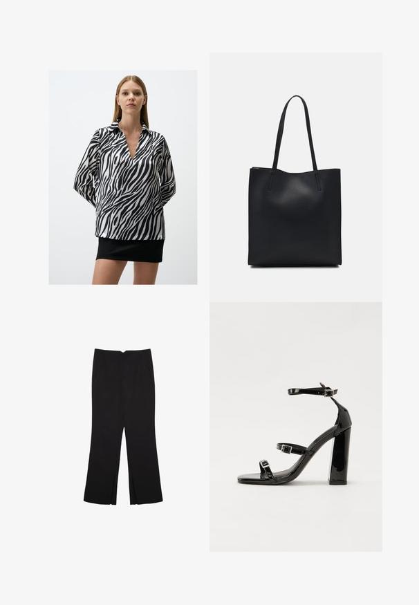 Blusa a strisce zebrate in bianco e nero con scollo a V, maniche lunghe e una consistenza liscia simile alla seta. Abbinata a una gonna nera.; Pantaloni neri a gamba dritta, con tasche frontali e spacchi laterali all'orlo. Realizzati in tessuto morbido e liscio. Adatti a diverse occasioni.; Sandali con tacco in vernice nera, con punta squadrata, cinturini alla caviglia e fibbie in argento. Presentano un tacco a blocco spesso per maggiore stabilità.; Borsa tote in pelle nera con texture liscia, forma rettangolare e due manici lunghi. Nessun hardware o decorazione visibile.