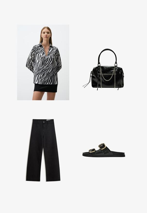 Czarna i biała bluzka w paski zebry z dekoltem w serek, długimi rękawami i gładką, satynową teksturą. Połączona z czarną spódnicą.; Czarne dżinsowe spodnie o szerokich nogawkach i wysokim stanie, z przednimi i tylnymi kieszeniami, przeszyciami oraz zapięciem na guziki. Gładka struktura.; Czarne klapki z dwoma złotymi klamrami, gładki materiał, płaska podeszwa i minimalistyczny design.; Bershka - Torebka