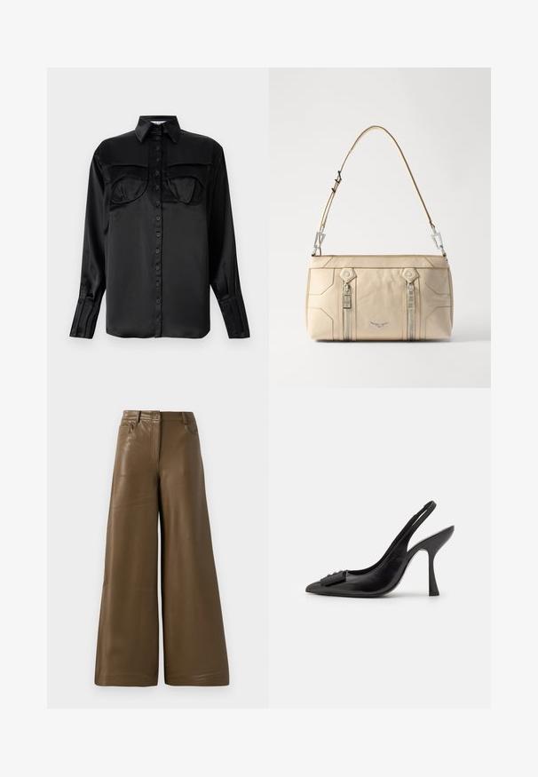 Crna satenirana košulja s dugim rukavima, dva džepa na prsima, uskim ovratnikom i detaljem na manžetama s jednim gumbom. Glatka tekstura.; Hlače širokih nogavica od glatke, smeđe ekološke kože. Imaju visoki struk, četiri džepa i prednji patentni zatvarač. Ravna tekstura i minimalistički dizajn.; Crna kožna slingback cipela s uskim vrhom, vitkim visokom petom i dekorativnom mašnom. Glatka tekstura i elegantan dizajn.; Bež ženska torba od kože sa srebrnim detaljima, dva bočna zipa, strukturirani dizajn i uklonjiva traka za svestranost.