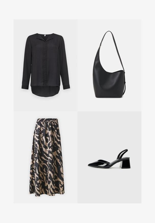 Černá blůza s dlouhým rukávem vyrobená z lehkého materiálu. Má výstřih do V, zapínání na knoflíky a zakřivený lem na zadní straně.; černá a béžová dlouhá sukně s elastickým pasem, s abstraktním vzorem zvířecího tisku a volným střihem.; Černé lakované kožené lodičky na pásku s špičatou špičkou a geometrickým blokovým podpatkem. Vyznačují se elegantním, minimalistickým designem a hladkým povrchem.; Černá kožená hobo taška s hladkým povrchem, zakřiveným tvarem a jedním nastavitelným popruhem; má široké otevírání nahoře.