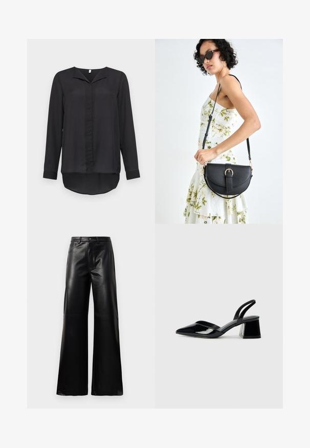 Melnas garām piedurknēm blūze, kas izgatavota no viegla auduma. Tam ir V veida kakla izgriezums, pogu aizdare un izliekts apakšmalas dizains aizmugurē.; Melnas augstās jostas platajās kājās sintētiskās ādas bikses ar priekšējo pogu, rāvējslēdzēju, jostas cilpām un sānu kabatām uz baltā fona.; Melna lakota āda ar atvērto papēdi, ar smailu purngalu un ģeometrisku blokpapēdi. Iezīmējas elegants, minimāls dizains un gluda tekstūra.; Melnas ādas rokassoma ar izliekta formu, noņemamu siksnu un zelta aksesuāriem. Somai ir vāciņš ar sprādzes detaļu.