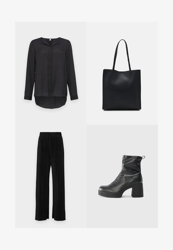 Black long-sleeve blouse made of lightweight fabric. Features a v-neck collar, button closure, and curved hemline at the back.; Black pleated trousers with an elastic waistband. Features wide legs and a smooth, textured fabric with vertical stripes.; Black ankle boots made of smooth leather, featuring a side zipper, chunky textured heel, and rounded toe design.; Black leather tote bag with smooth texture, rectangular shape, and two long handles. No visible hardware or embellishments.
