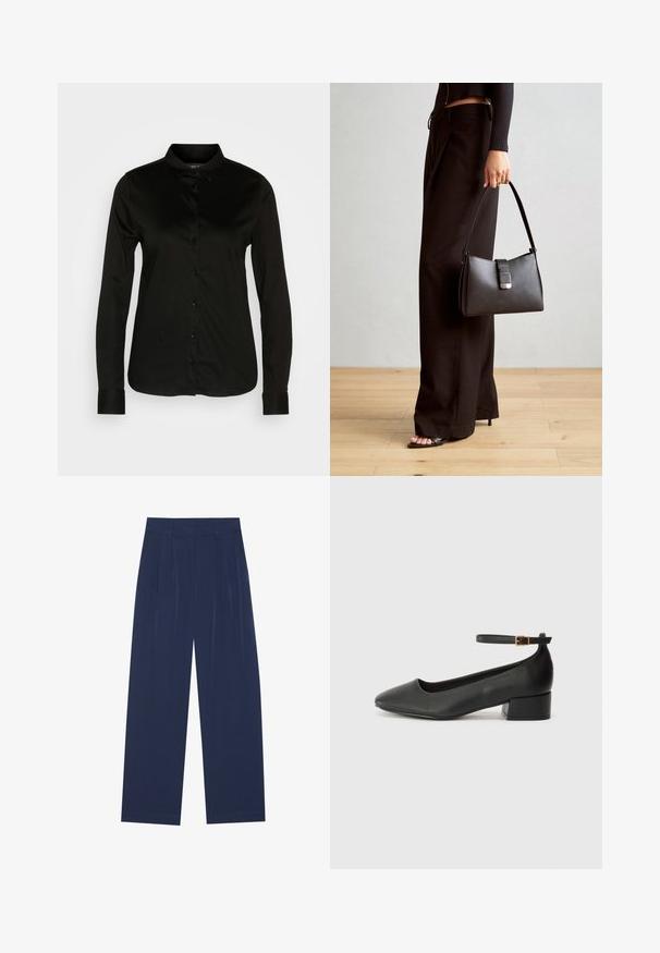 Musta pikkade varrukatega nööpide ja klassikalise kraega särk, valmistatud siledast kangast, millel on rida musti nööpe ja nööpidega mansetid.; Tumedat sinised laiad püksid pehmest kangast, millel on esipleekid, sile pind ja sirge lõige, ilma nähtavate taskuteta.; Must mustaapp, millel on terav nina ja madal blokk-kand. Omab pahkluu rihma koos kuldse tooni pandlaga. Sile tekstuur.; Must musta kott, millel on struktureeritud kuju, sile tekstuur ja metallist klamber. Kombineeritud laiate mustade pükstega ja avatud varvaste sandaalidega puidust põrandal.