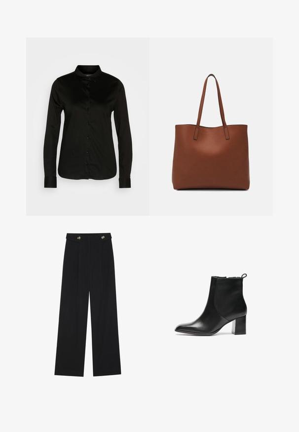 Svart langermet skjorte med knapper og klassisk krage, laget av glatt stoff, med en rekke svarte knapper og knappefester ved ermene.; Svart vide bukser med høy midje, knappdetaljer på midjebåndet og frontplisser.; Svarte skinn ankelstøvler med rund tå, middels høy blokkhæl og en trekkflik bak. Glatt tekstur, minimalistisk design.; Brun lær tote veske med en jevn tekstur, åpen toppdesign og to skulderstropper. Har minimal søm og ingen synlige spiker.