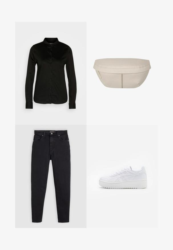 Camicia nera a maniche lunghe con colletto classico, realizzata in tessuto morbido, con una fila di bottoni neri e polsini con bottoni.; Jeans neri slim fit con chiusura a bottone e zip, design a cinque tasche e passanti per cintura su uno sfondo grigio chiaro.; Sneaker piattaforma bianche con texture in pelle liscia, dettagli perforati e lacci piatti; presenta una robusta suola in gomma bianca.; Pochette in tessuto beige dalla forma arrotondata, con parte superiore piatta e dettagli di cucitura sottili. Include un logo minimalista e una strap laterale.