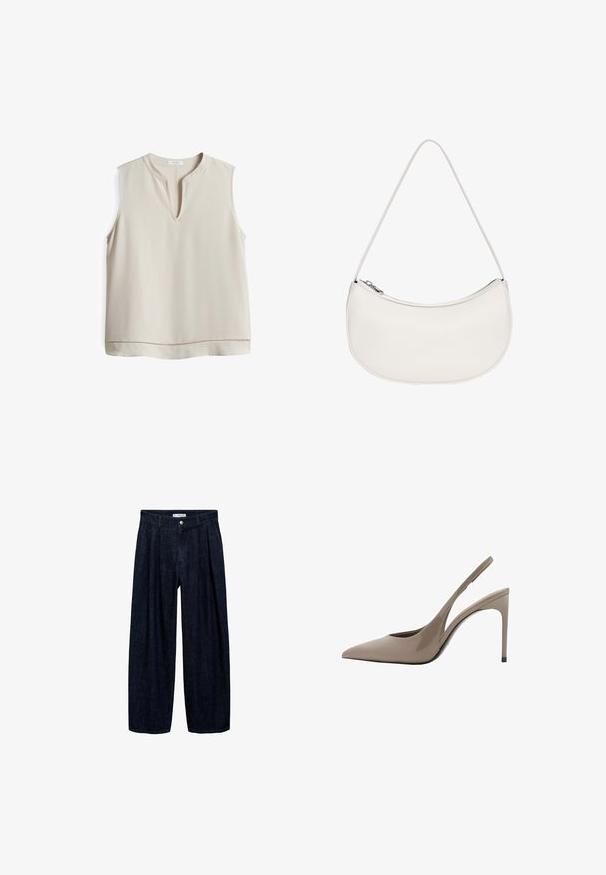 Blusa beige senza maniche con scollatura a V, realizzata in tessuto morbido, con una cucitura decorativa lungo l'orlo per un tocco in più.; Pantaloni wide-leg in denim scuro con pieghe in vita, dotati di un bottone frontale e passanti per cintura. Texture liscia e design a lunghezza completa.; Décolleté in vernice beige con punta affusolata e design elegante, caratterizzate da un sottile tacco alto e un dettaglio a taglio sul lato.; PULL&BEAR HALF MOON  - Borsa a mano - white