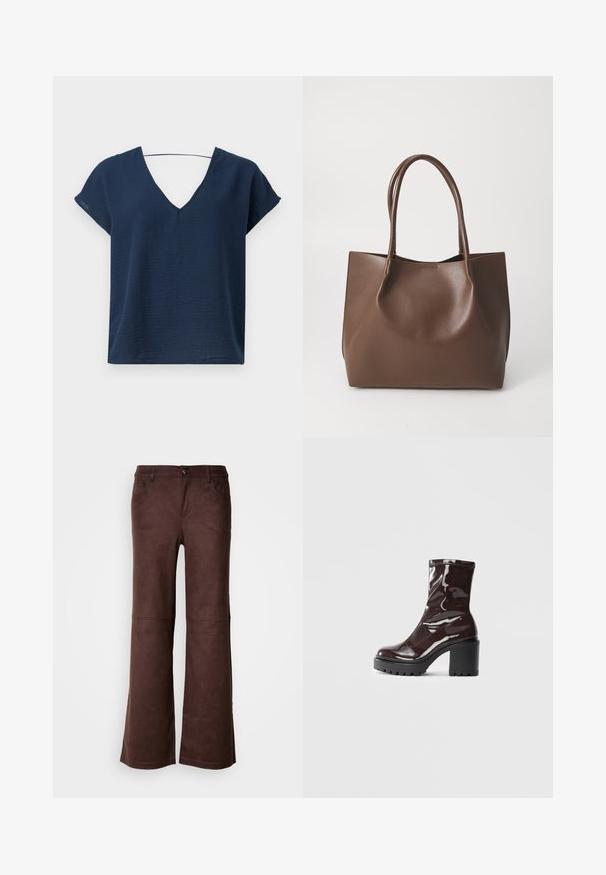 Tengerészkék V-nyakú felső, kapcsos ujjakkal, textúrált anyagból készült, laza szabással és egyszerű kialakítással. Nincsenek látható fém alkatrészek vagy díszítések.; Barna, trapéz szabású nadrág puha, Suede-szerű anyagból. Négy zseb, gombos záródás és sima, texturált felület jellemzi.; Fényes bordó bokacsizma vastag fekete sarokkal, sima felülettel és egyszerű dizájnnal. Nincsenek látható zárak vagy minták.; Barna bőr tote táska két hosszú fogantyúval, strukturált alakú, sima felületű és minimalista dizájnnal. Nincs látható fémrész vagy díszítés.