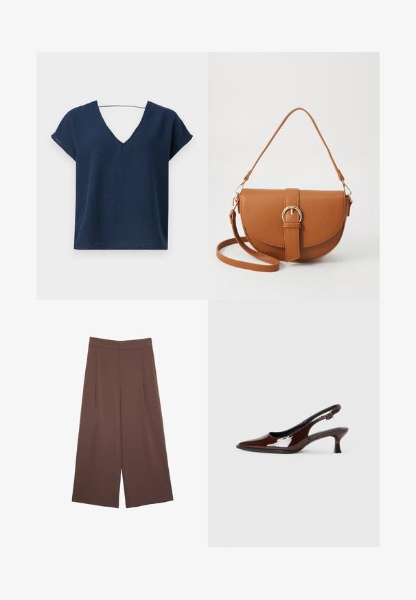 Mörkblå V-ringad topp med korta ärmar, gjord av texturerat tyg, med avslappnad passform och enkel design. Ingen synlig hårdvara eller dekorationer.; Bruna vida byxor med en slät textur, som har hög midja och framfickor. Tyget är lätt och flödar löst.; Brun lackläder slingback-sko med spetsig tå och en måttlig klack. Utrustad med en spännband för säker passform. Slät textur.; Brun läder crossbody-väska med en böjd form, gyllene detaljer och en spänneaccent. Har en avtagbar axelrem.