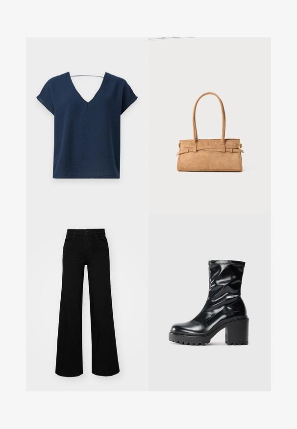 Tamsiai mėlynas V formos kaklo marškinėliai su trumpomis rankovėmis, pagaminti iš tekstūruoto audinio, turintys laisvą siluetą ir paprastą dizainą. Nėra matomų metalinių elementų ar puošmenų.; Juodos plačios kelnės iš denimo, turinčios struktūruotą juosmenį, diržo kilpas ir priekines kišenes. Lygus paviršius su klasikinio dizaino elementais.; Juodos odinės pusiau ilgų aulinukių su masyviu blokuotu kulnu ir raitytu padu profilis, rodomas ant šviesaus vientiso fono.; Žalias suedinių rankinukas su dviem ilgais rankenomis, stačiakampio formos ir dekoratyviniu siuvimu. Jame yra šoninė dirželis ir subtili auksinė hardware akcentai.