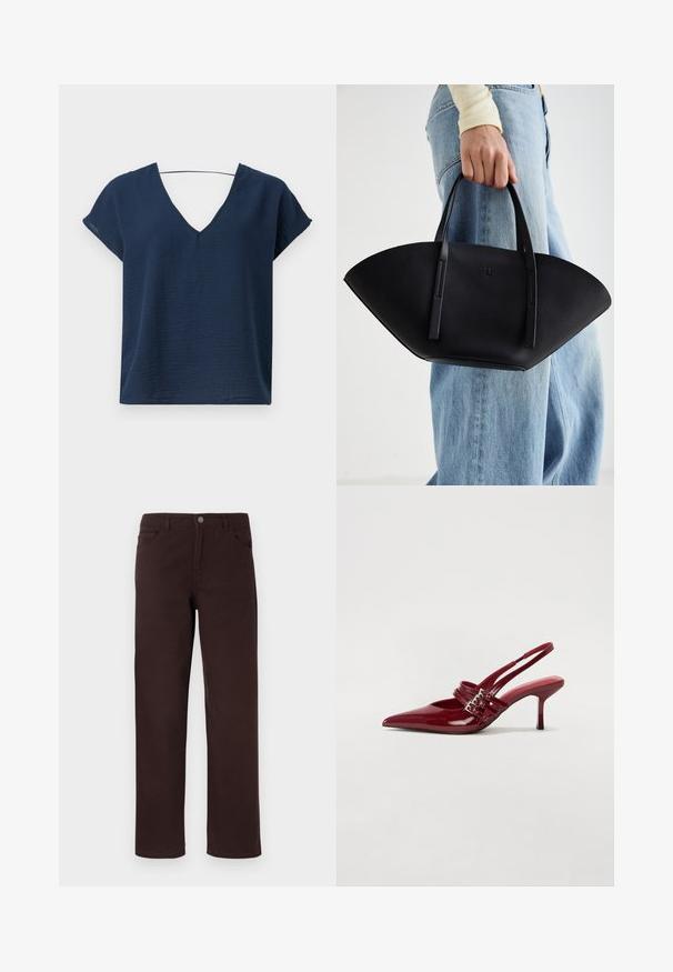 Blusa azul-marinho de decote em V com mangas curtas, feita de tecido texturizado, apresentando um corte solto e um design simples. Sem hardware ou embellishments visíveis.; Calças de algodão castanhas com um design de perna reta, dois bolsos frontais e um fecho de botão na cintura. Textura lisa sem padrões visíveis.; Sapatos de salto slingback em verniz vermelho, com bico fino, duas tiras com fivela e um salto stiletto fino de altura média. Textura suave.; Bolsa de mão em couro preto com uma forma única em leque, apresentando alças planas. A superfície tem uma textura pebble e um design minimalista.