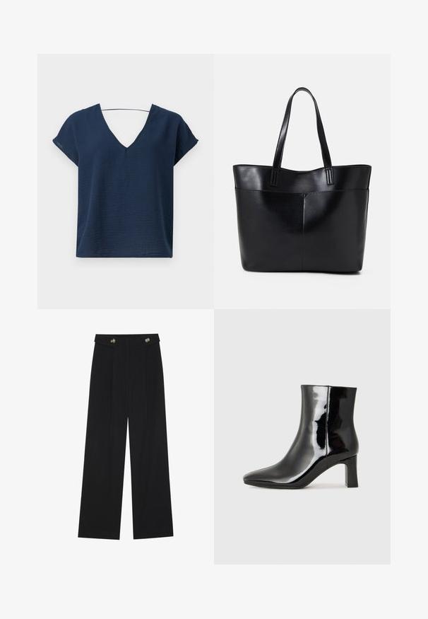 Tumši zilas V-veida blūze ar īsām piedurknēm, izgatavota no teksturēta auduma, ar brīvu piegriezumu un vienkāršu dizainu. Bez redzamām detaļām vai rotājumiem.; Melnas platās bikses ar augstu jostasvietu, pogu detaļām uz jostas un priekšējām krokām.; Melnas patentētas ādas potīšu zābaki ar norādītu pirkstu un vidēja augstuma kvadrātveida papēdi. Gluda tekstūra un minimālisma dizains.; Melnas ādas iepirkumu soma ar divām garām rokturām, gludu tekstūru un strukturētu formu. Iekļauj priekšējo kabatu papildu uzglabāšanai.