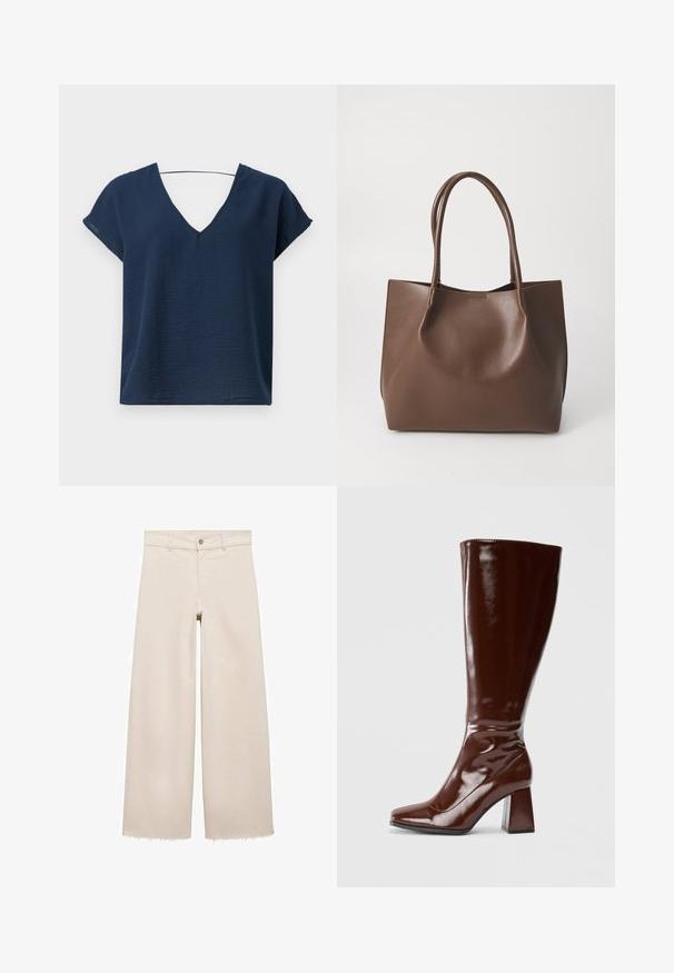 Top V cu guler de culoare albastru marin, cu mâneci scurte, fabricat dintr-un material texturat, având o croială lejeră și un design simplu. Fără elemente de prindere vizibile sau embellishments.; Jeans bej cu picioare largi și talie înaltă, cu închidere cu buton, buzunare frontale și tiv desfăcut. Fabricate din material denim.; Bocanci din piele sintetică maro, până la genunchi, cu vârf pătrat, finisaj lucios și toc gros pentru stabilitate. Design fără cusături, fără hardware vizibil.; Geantă tote din piele maro, cu două mânere lungi, formă structurată, textură netedă și design minimal. Fără elemente sau accente vizibile.